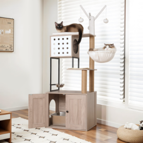 Cat Tree With Litter Box Enclosure - Modern Cat Condo With Scratching Posts, Feeding Bowl  Removable Pompom Sticks, Gray (Option: Whitegray)